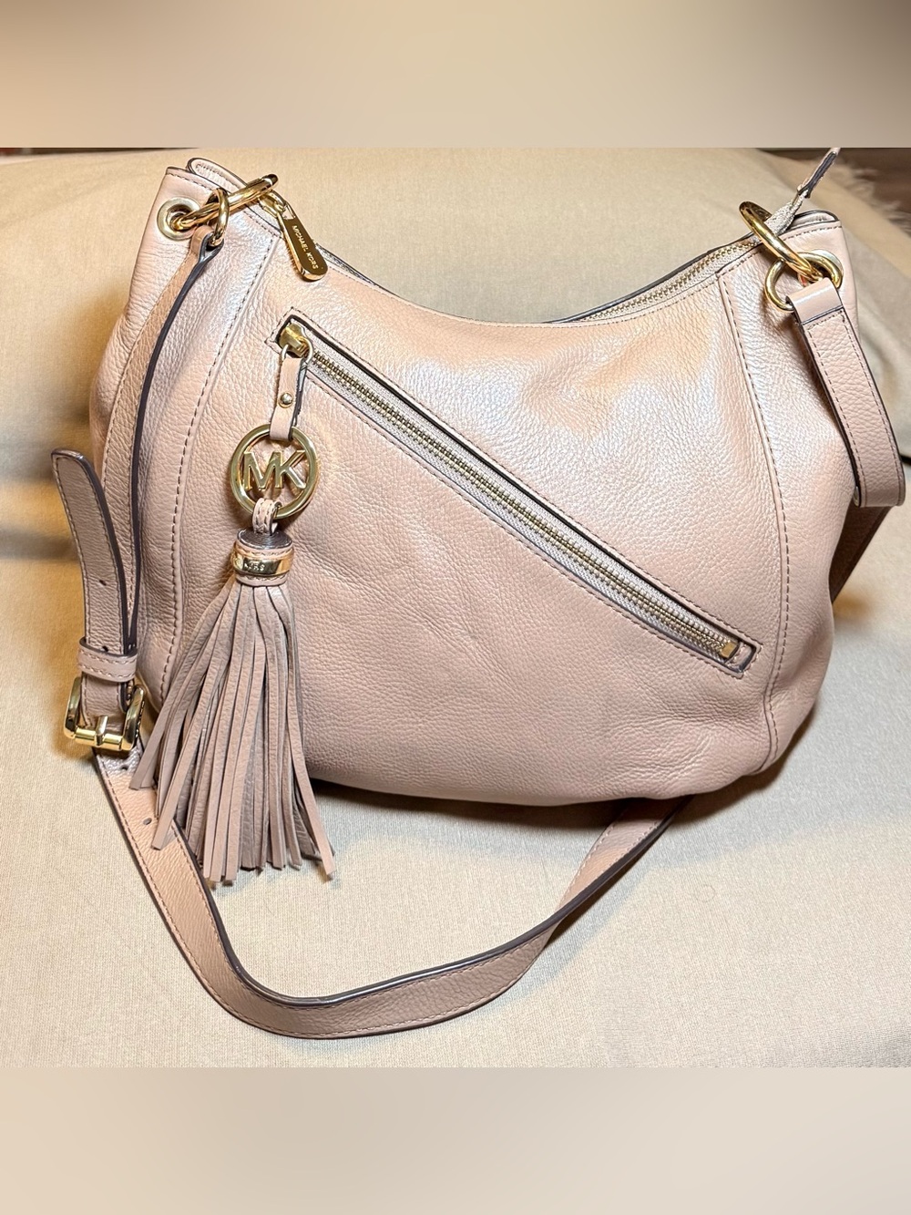 Michael Kors Beige Leather Shoulder Hobo with Tassel Charm